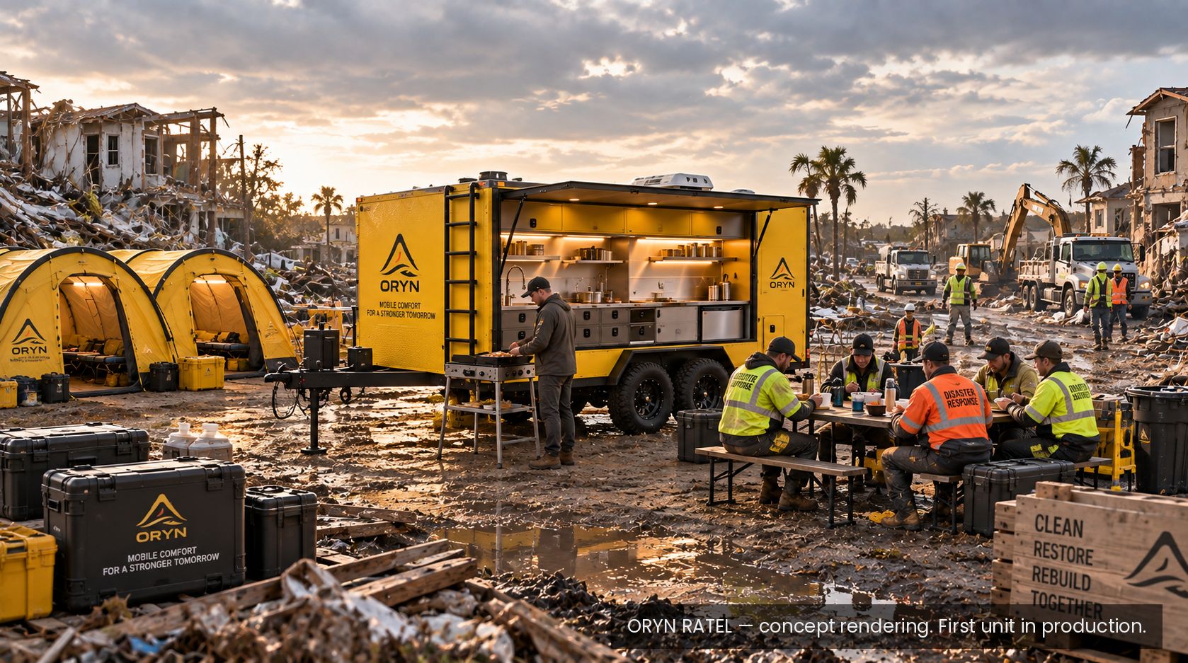 ORYN RATEL open and feeding a response crew after a hurricane, concept rendering